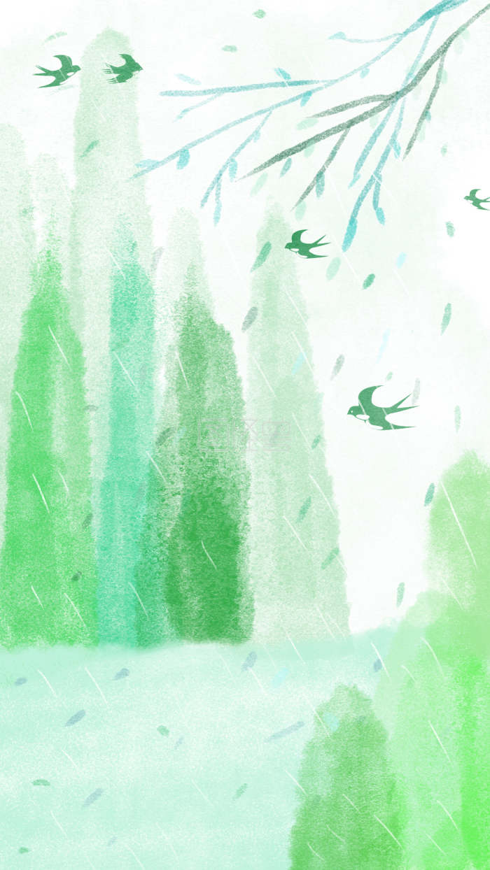 图怪兽原创元素 质感 小清新 绿色 节日 清明 水彩 水墨 简约 雨 谷雨
