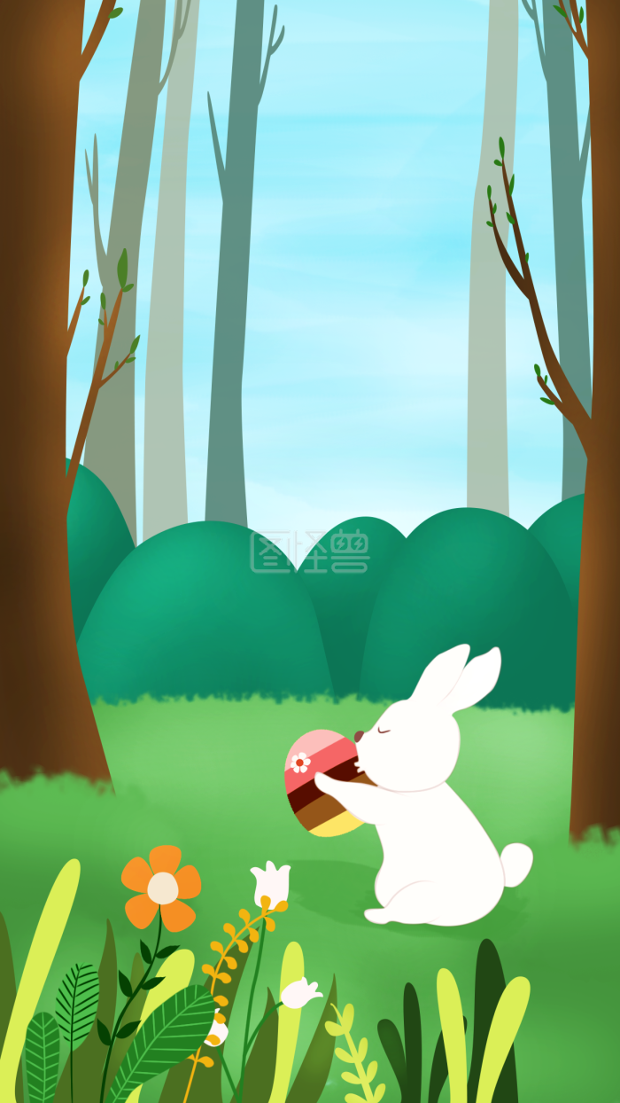 图怪兽原创元素卡通手绘树林复活节抱彩蛋兔子插画