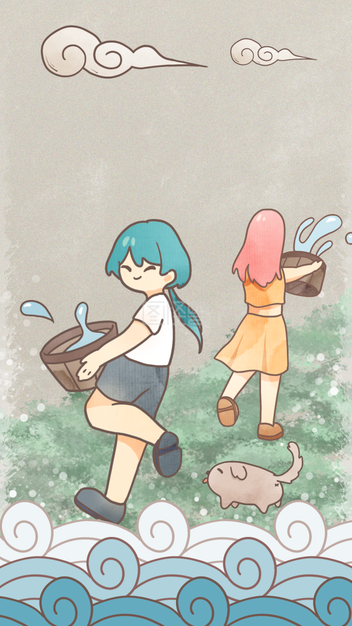 图怪兽原创元素人物泼水节节日背景女孩