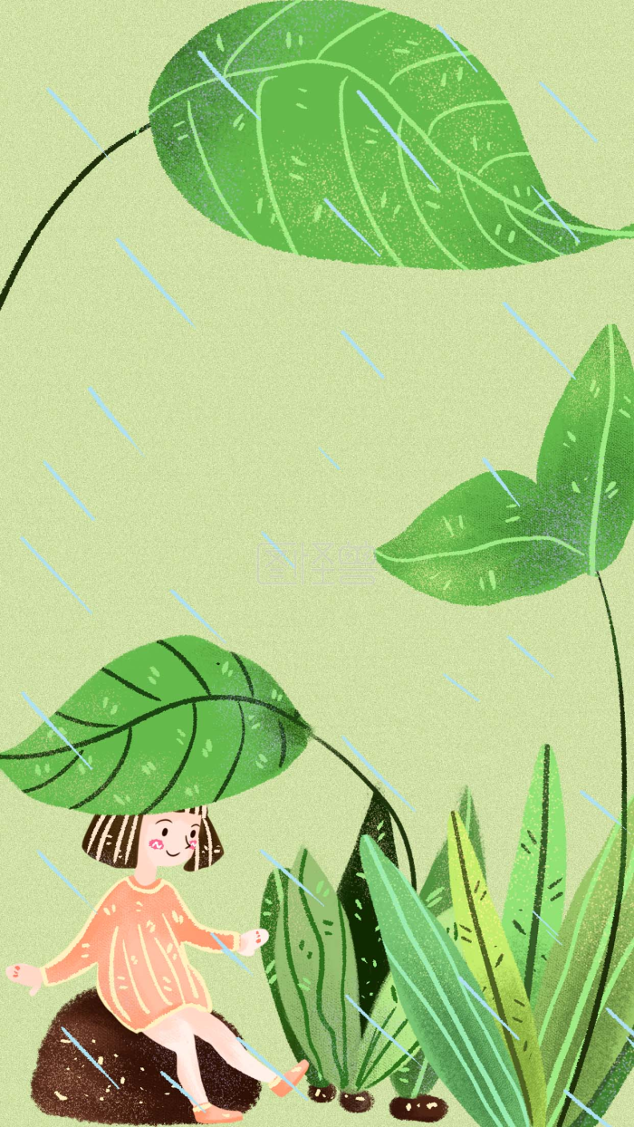 图怪兽原创背景手绘风装饰谷雨绿女孩