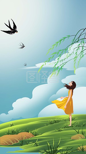 图怪兽原创元素 简约 立夏 女孩柳条燕子