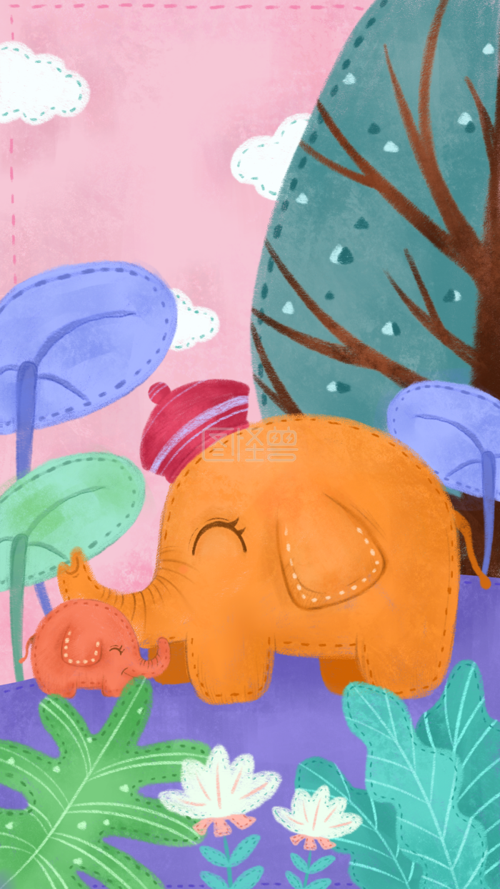 图怪兽原创背景 母亲节 动物 大象 卡通 质感