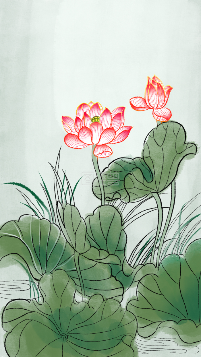 水墨中国风 电商 海报 二十四节气 立夏 夏至 荷花 池塘 绿色