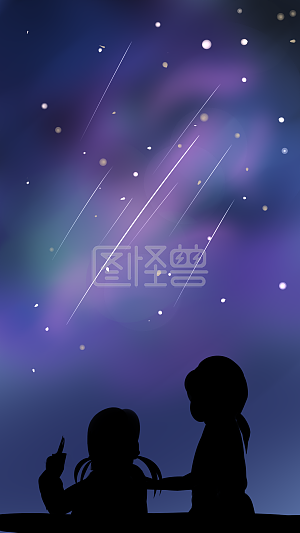 插画蓝紫色梦幻夜晚星空晚安女孩手机海报详情手绘卡通人物七夕情