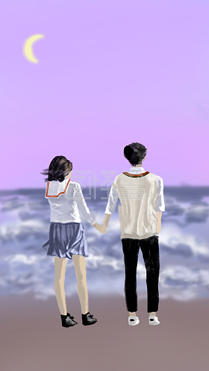 图怪兽原创元素海边穿制服校服的男孩女孩情侣