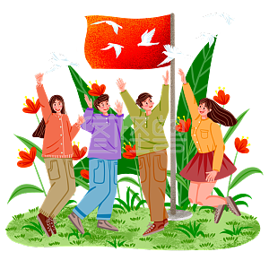 扁平风格五四爱国运动节日青年节绿色系和平鸽下的青年男女