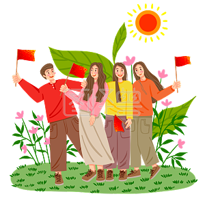 扁平风格五四爱国运动节日青年节绿色系手持小红旗的青年男女