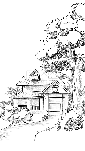 图怪兽原创元素 手绘 房子 素描 黑白 风景