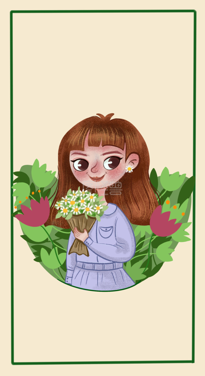 卡通花卉女孩人物手机背景
