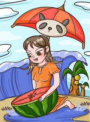 图怪兽原创元素卡通风盛夏抱着西瓜少女插画元素