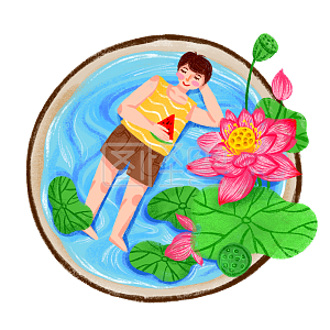 蜡笔插画风休闲节气立夏绿色系荷花中吃西瓜的男孩