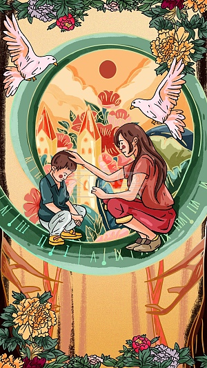 图怪兽原创元素 卡通 母亲节 亲子 陪伴 时间 温馨 亲情元素