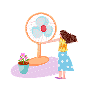 扁平休闲节日节气立夏粉色系吹风扇的女孩