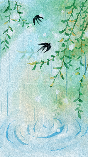 图怪兽原创背景 柳树 柳絮 柳叶 绿色