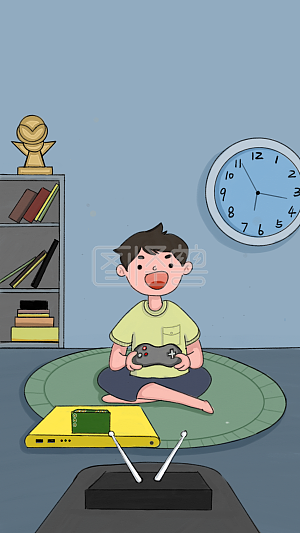 图怪兽原创素材卡通男孩打游戏人物手机背景