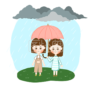 两姐妹打伞躲雨详情图怪兽原创元素手绘速写可爱俏皮小女孩双胞胎