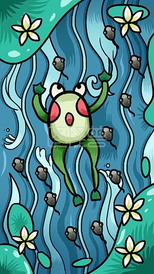 图怪兽原创元素卡通风夏至青蛙和小蝌蚪插画元素