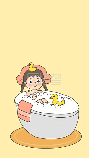 图怪兽原创素材卡通女孩人物洗澡手机背景