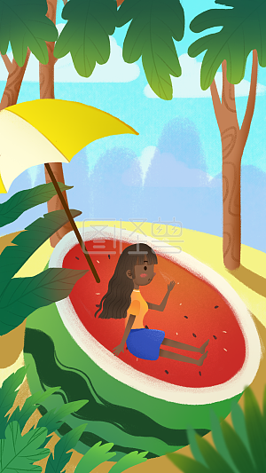 卡通 西瓜  坐 女孩 树木 森林 绿 女孩