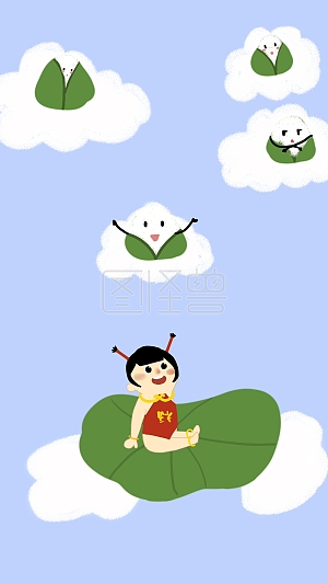 图怪兽原创素材卡通端午节粽子古风人物手机背景