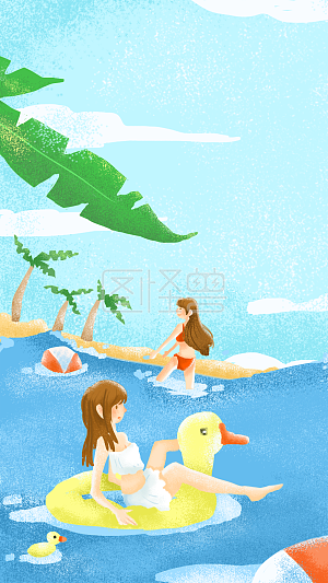 图怪兽原创元素夏天你好少女戏水海边玩耍插画