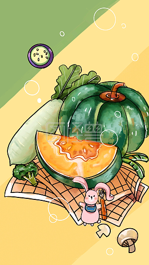 图怪兽原创背景水彩风健康素食日可爱插画