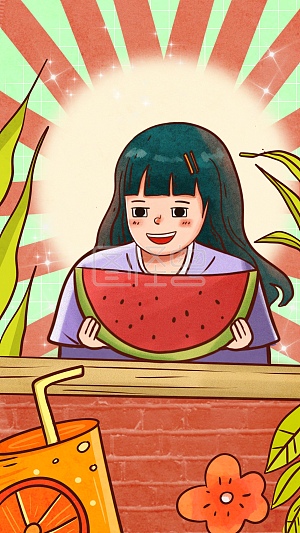 图怪兽原创背景六月你好女孩西瓜