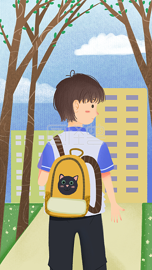 男孩 上学 开学 教育 学校 背影 树 蓝 男孩