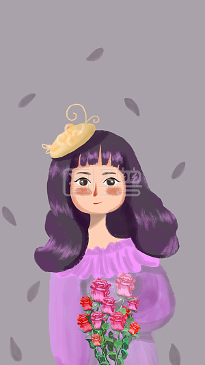 图怪兽原创元素时尚女孩香芋紫色治愈系温柔