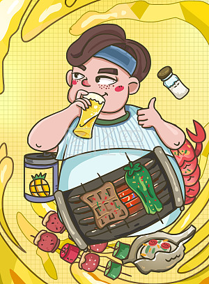 图怪兽原创元素卡通风夏季喝夜啤吃烧烤胖男生插画元素