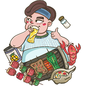 图怪兽原创元素卡通风被夜宵围绕的胖子插画元素