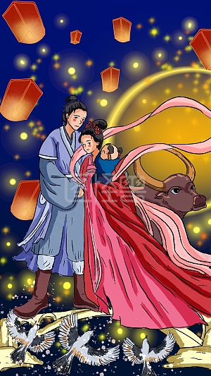 图怪兽原创元素 古风 七夕 牛郎织女 鹊桥 喜鹊 孔明灯元素