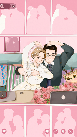 图怪兽原创背景卡通百对战役新人云集体婚礼甜蜜爱情插画