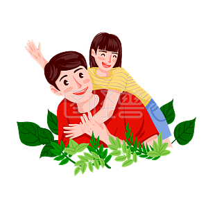 卡通风格亲子节日父亲节绿色系背着女儿的父亲