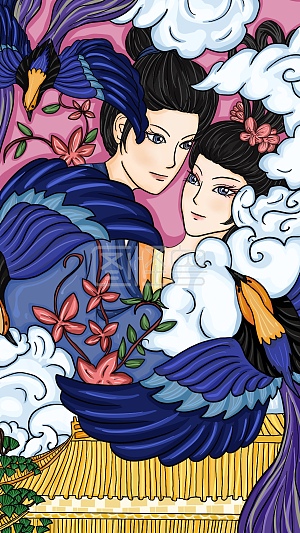 商业 宣传 传媒 背景 节日 七夕 爱情 情侣 卡通 红色 牛郎织女 国潮