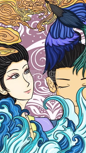 商业 宣传 传媒 背景 节日 七夕 爱情 情侣 卡通 红色 牛郎织女 国潮