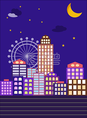 图怪兽原创背景卡通 城市 夜景 楼房 摩天轮 梦幻 紫色