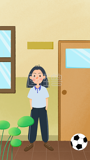 卡通 人物 罚站 教室 走廊 足球 窗户 黄 学校