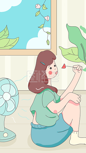 图怪兽原创元素 卡通 节气 小暑 女孩 乘凉 避暑 风扇 植物 绿色