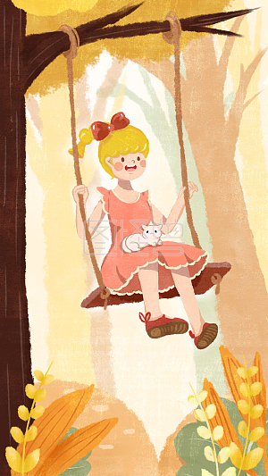 图怪兽原创元素立秋荡秋千的女孩手机海报插画