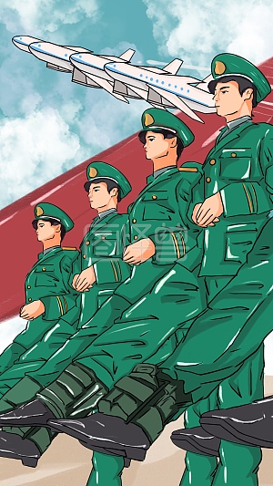 图怪兽原创元素 卡通 建军节 军人 阅兵 飞机 红旗元素