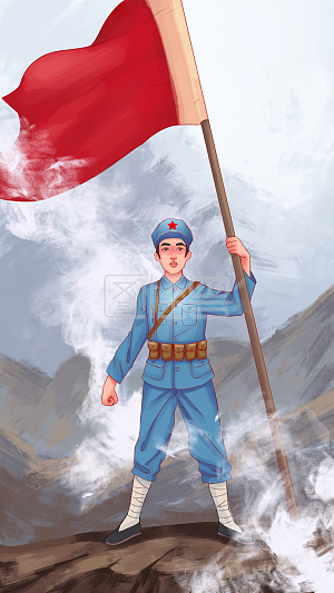 图怪兽原创元素手绘建军节军人红旗
