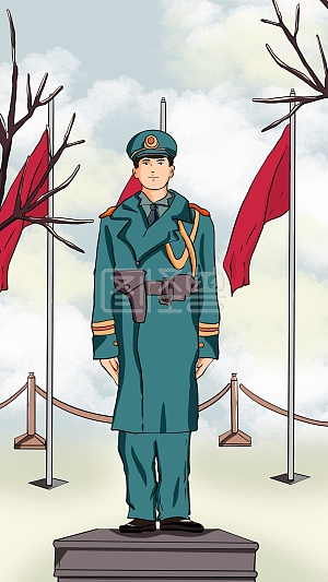 图怪兽原创元素 党政 卡通 建军节 军人 站岗 红旗元素