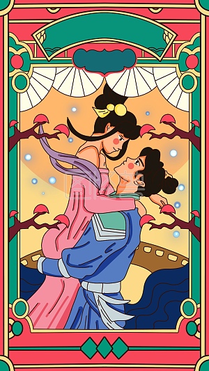 图怪兽原创元素 卡通 七夕 情侣 牛郎织女 鹊桥 相会元素