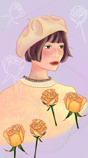 图怪兽原创元素田园风文艺画家帽淡黄色玫瑰唯美少女