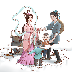 图怪兽原创元素古风七夕牛郎织女一家相会