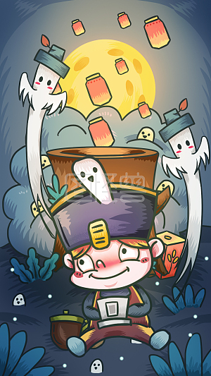 图怪兽原创元素卡通中元节小僵尸插画元素