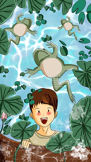 图怪兽原创元素 卡通 处暑 青蛙 男孩 水池 荷叶 夏天元素