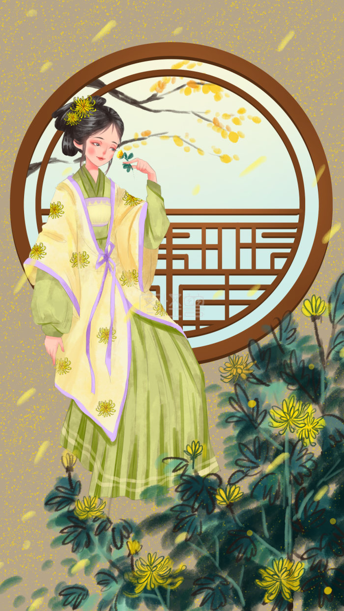 图怪兽原创元素古风秋分古装人物秋菊-背景素材图片-图怪兽