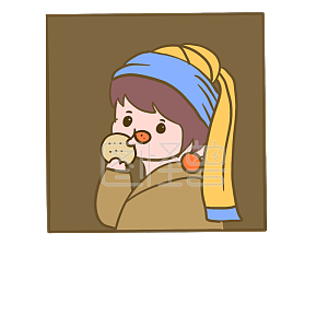 图怪兽原创元素卡通油画女孩吃饼表情包插画元素
